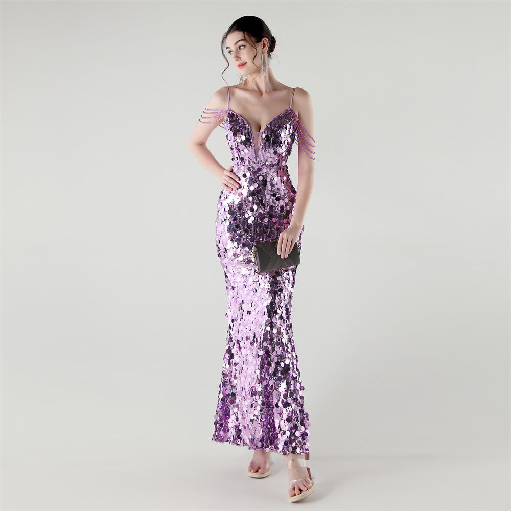 Tassel Sequined Deep V-Neck Low Back Fishtail Evening Dress for Summer Dinners 9