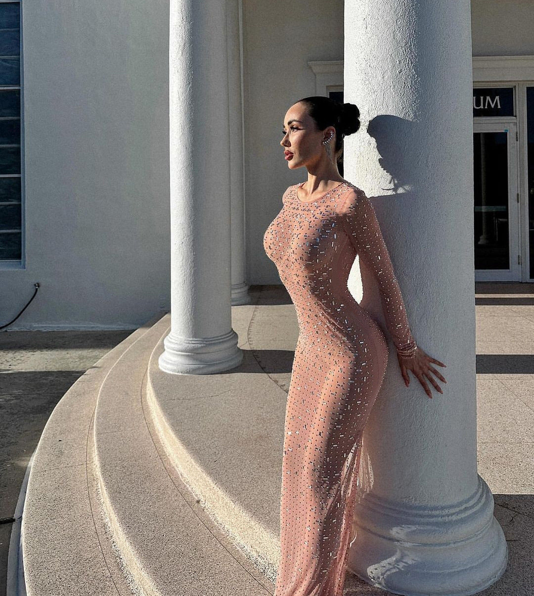 sexy rhinestone see through mesh long sleeve nightclub dress 12