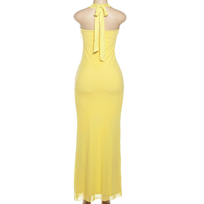 Summer Women's Fashion Sleeveless Low Back Ruffled Deep V-Neck Sexy Long Dress 8