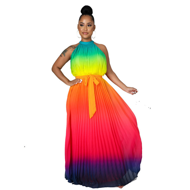 Women's Round Neck Sleeveless Maxi Pleated Tie Dye Pressed Pleated Slim Waist Rainbow Dress 11