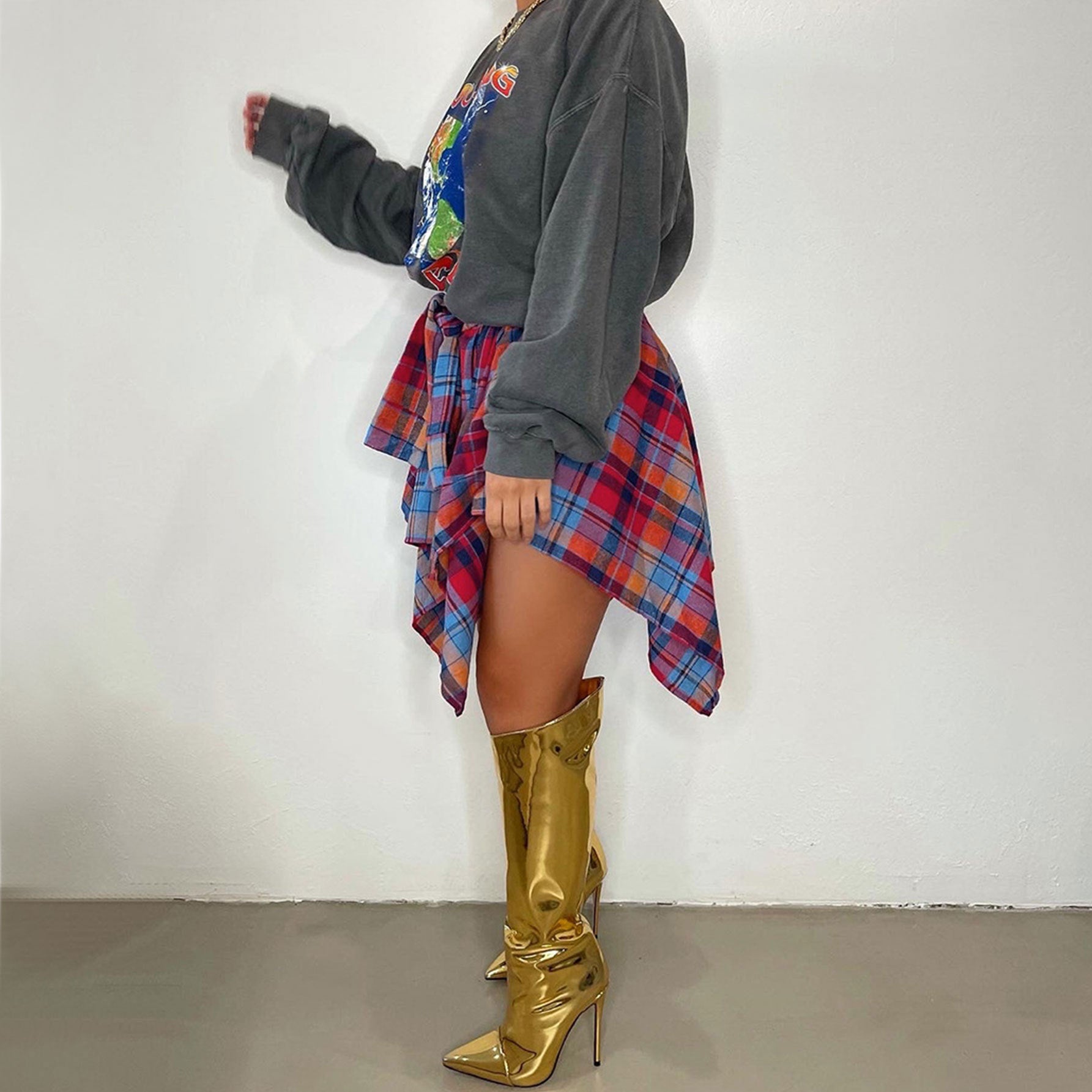 Fashionable Asymmetrical High-Waist Patchwork Plaid Skirt 16