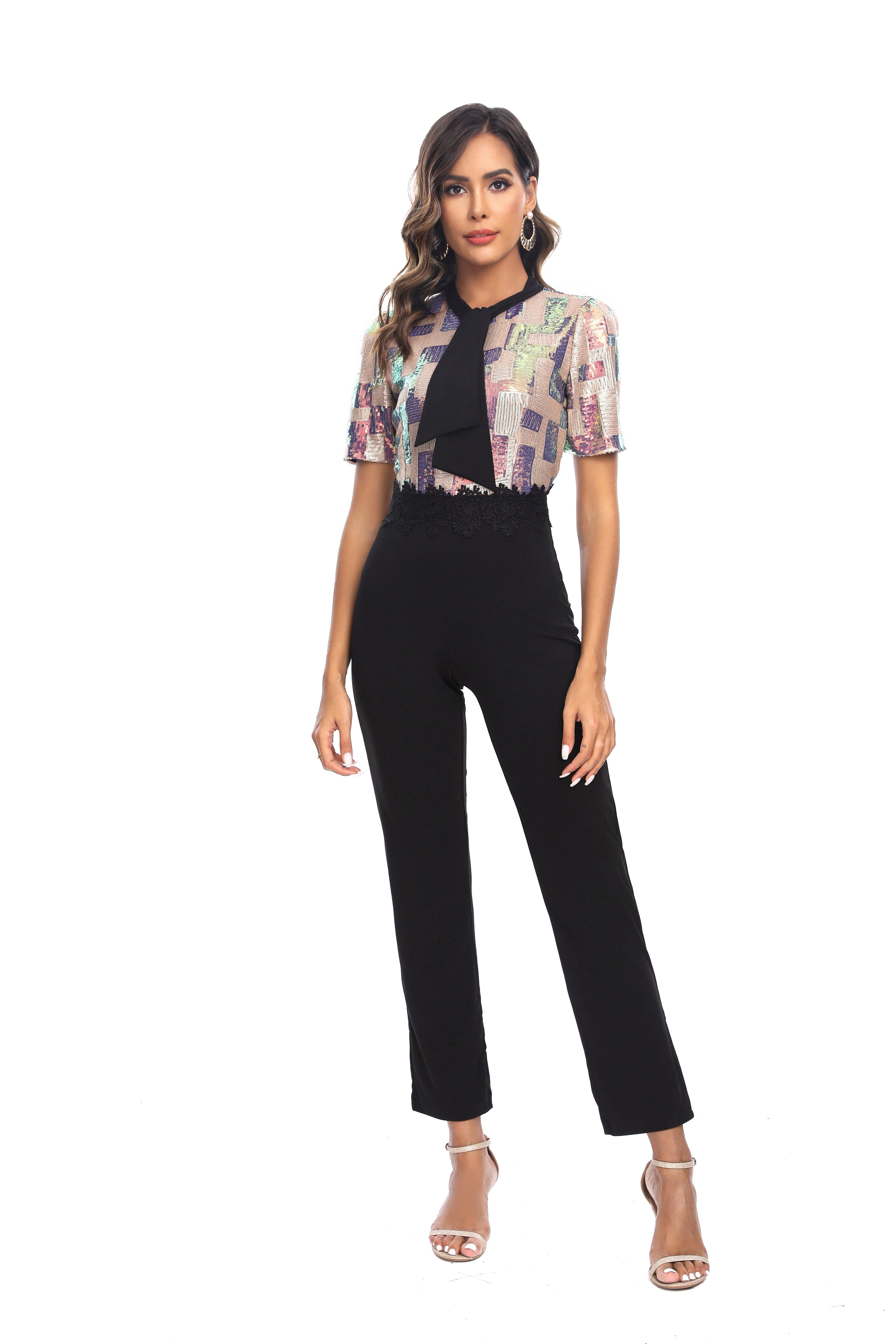 sexy plaid sequins patchwork short sleeve forma jumpsuit 6