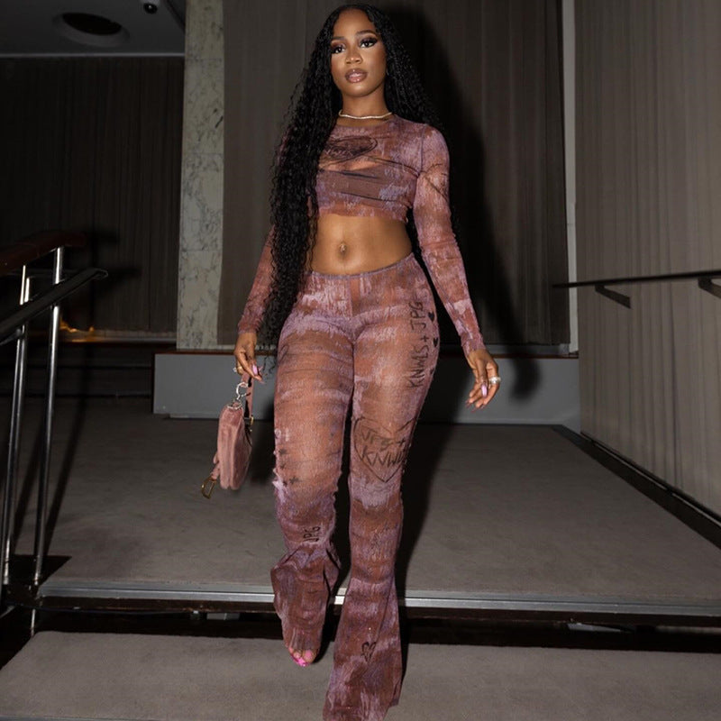 Women's Casual Micro-Transparent Sexy Slim Short Top & Long Pants Two Piece Set 3