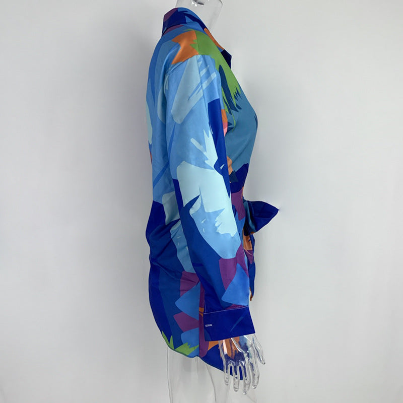 Women Printed Lace-Up Casual Long Sleeve Button Shirt Dress 14