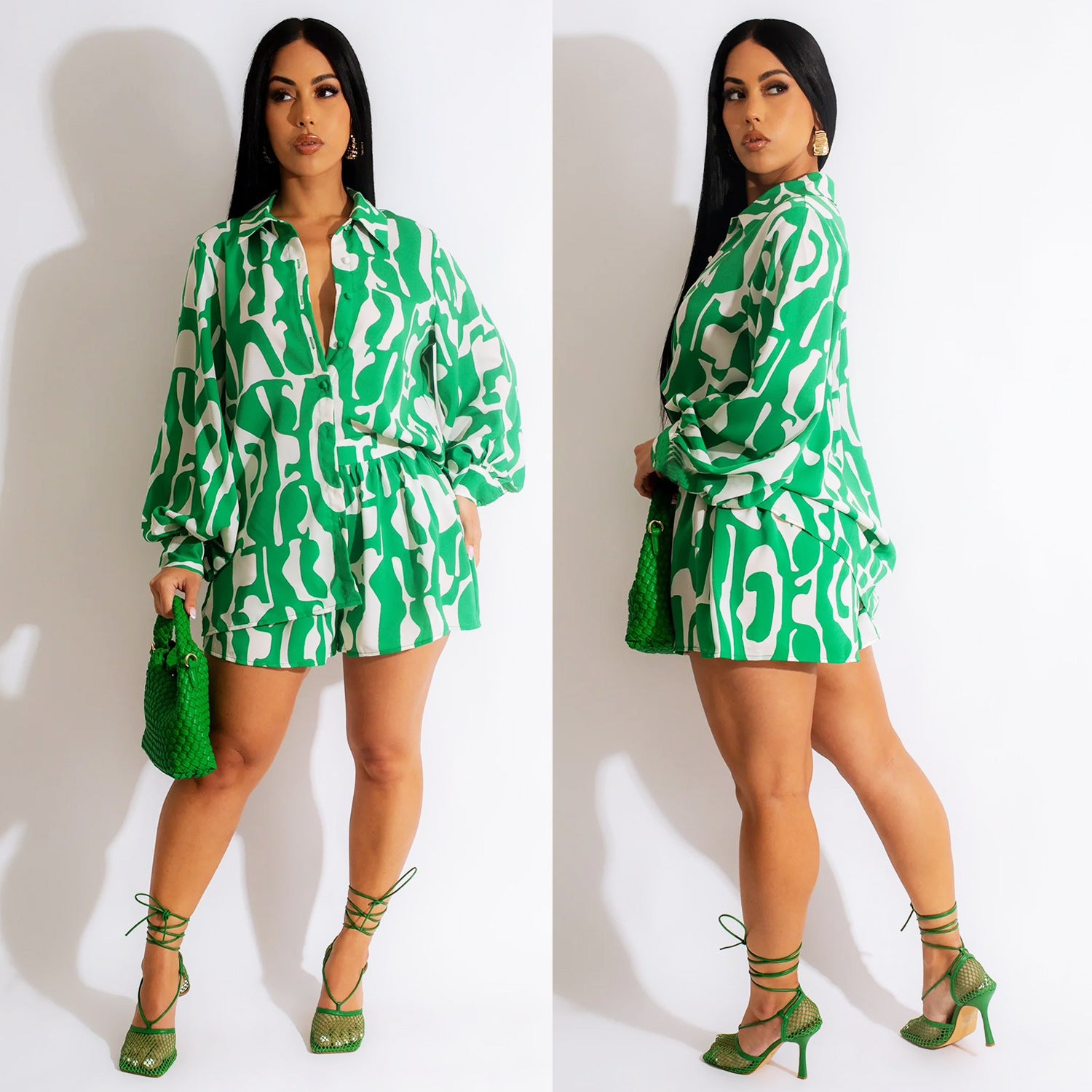 Summer Women Casual Loose Long Sleeve Top and Shorts Two Piece Set 4