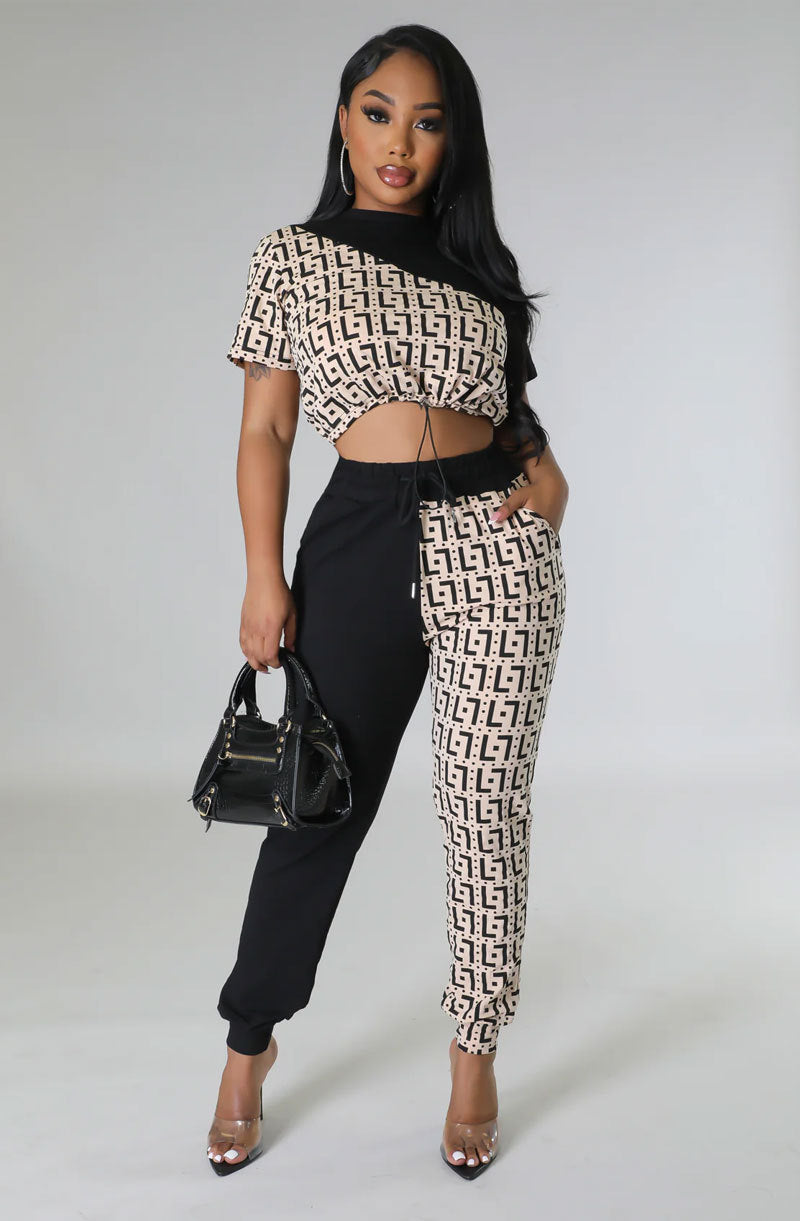 Women Fall Casual Colorblock Top and Pant Two-Piece Set
