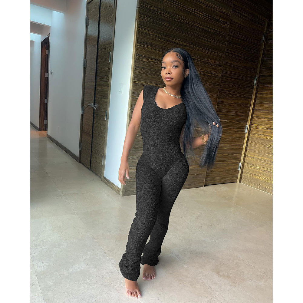 Women's Spring Summer Fashion Rice Grain Fleece Comfortable Sleeveless Pants Jumpsuit 3