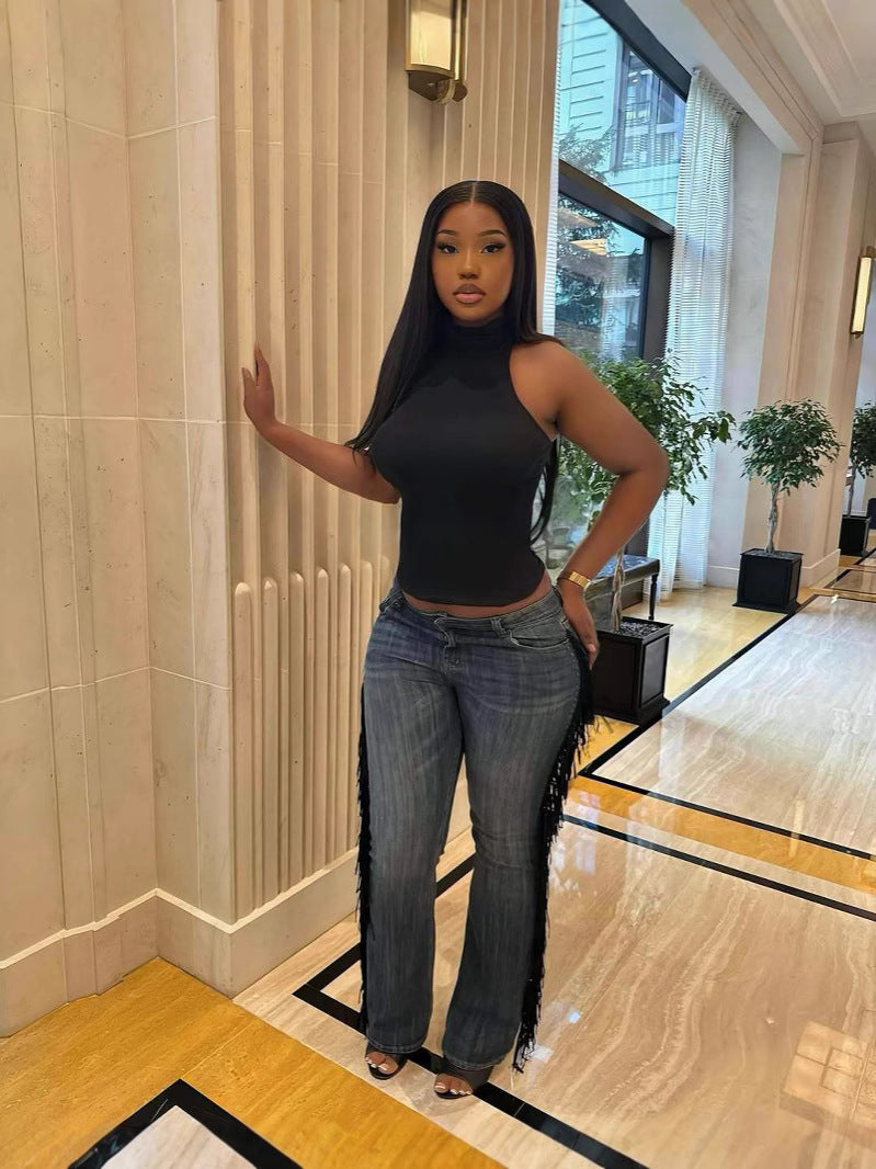 Women's Fashion Fringe High Waist Straight Denim Pants 4