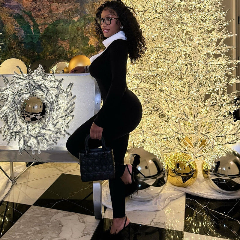 Fashionable women's clothing sexy long sleeve U-neck Tight Fitting Slim Fit long Jumpsuit 4