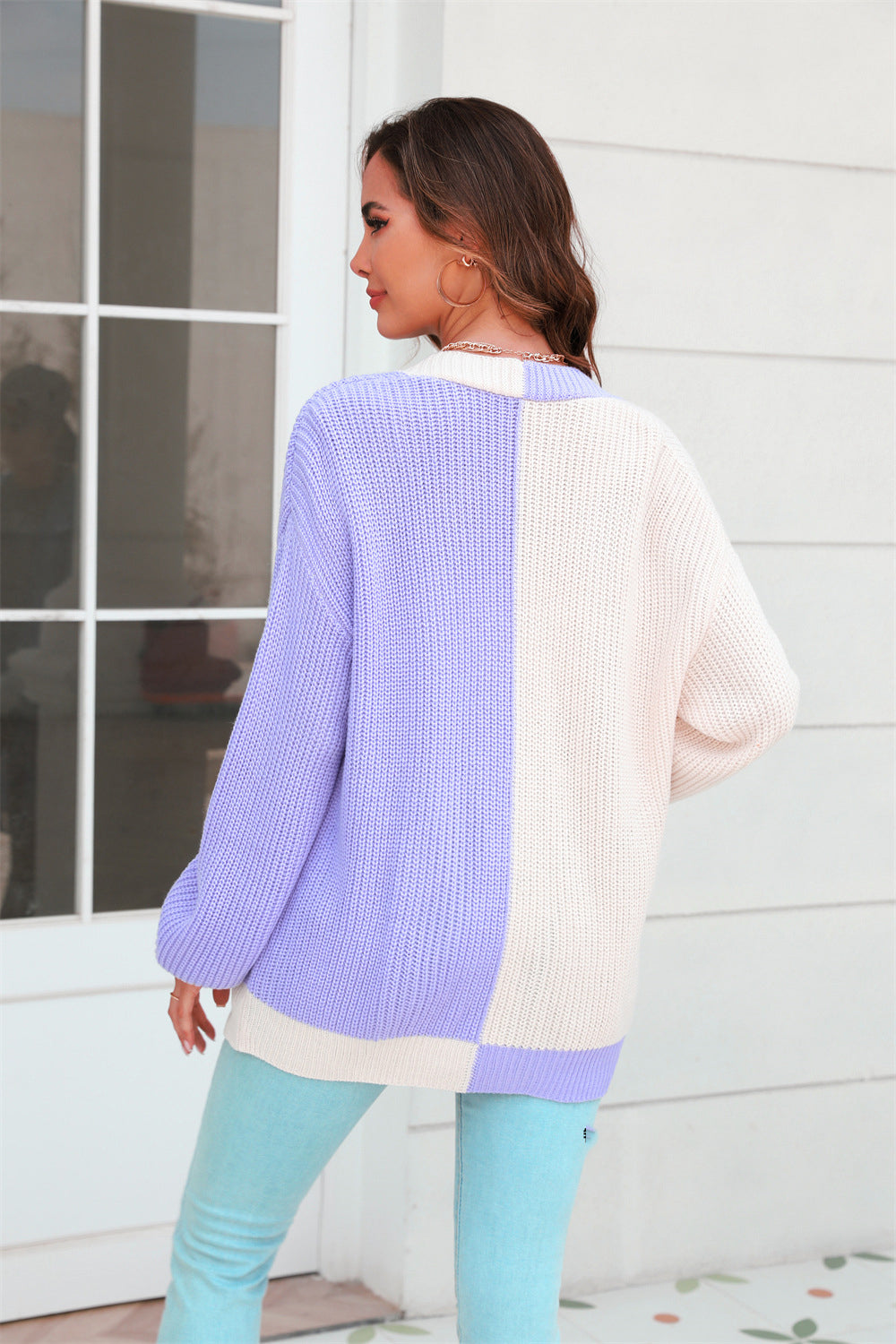 Plus Size Women Loose Patchwork Colorblock Knitting Cardigan Sweater 20