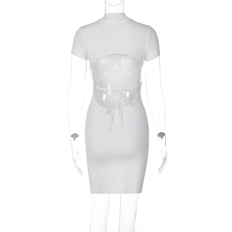 Women Summer Short Sleeve High Neck Sexy Backless Slit Lace Up Mini Dress 10