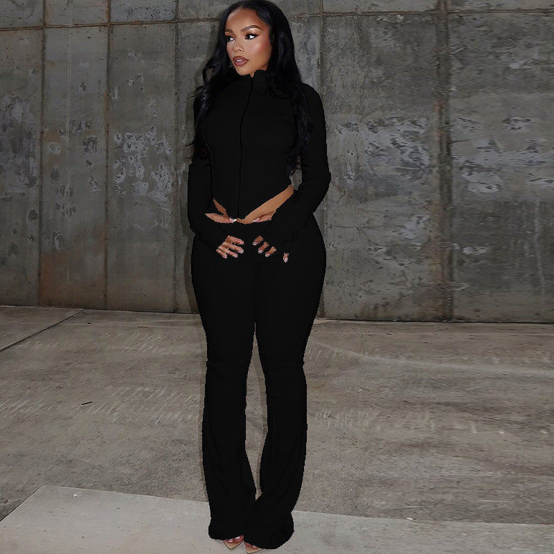 Women Pleated Zipper Solid Long Sleeve Stand Collar Crop Top and Long PantsTwo Piece Set 4