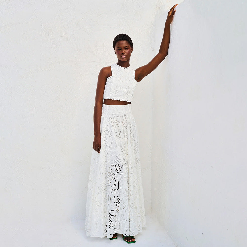 Autumn Women's Chic Sleeveless Embroidery Hollow Lace Top Long Skirt Holidays Two-Piece Set 7