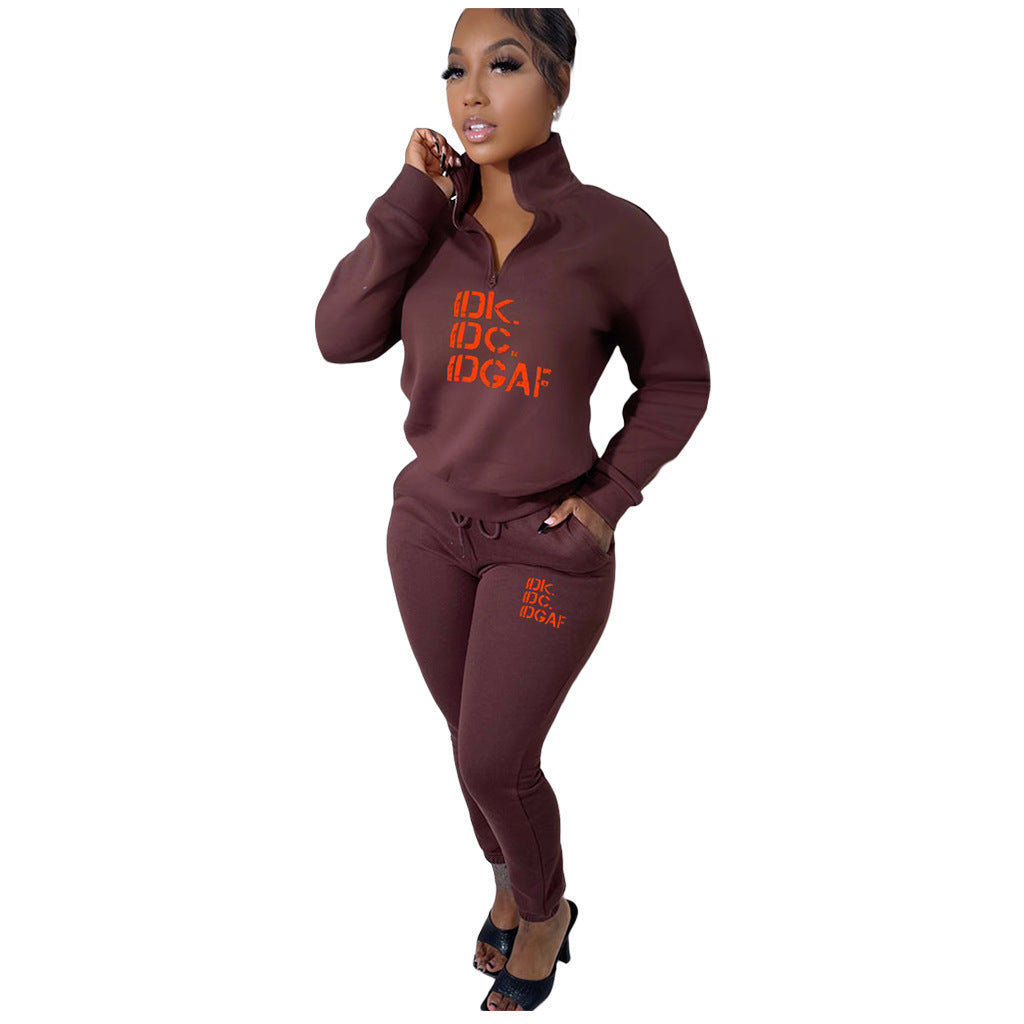 Women Casual Letter Print Fleece Zip Long Sleeve Top and Pant Two Piece 20