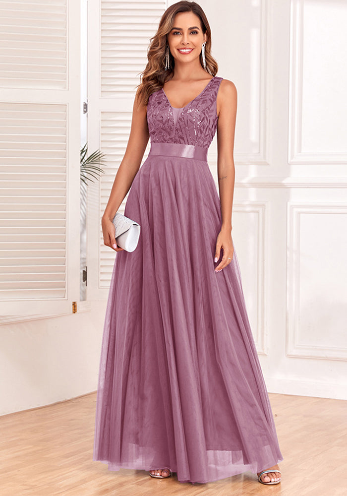 Patchwork Elastic Waist Sleeveless Double V Neck Evening Gown with Embroidered Tulle Elegant Long Swing Party Dress