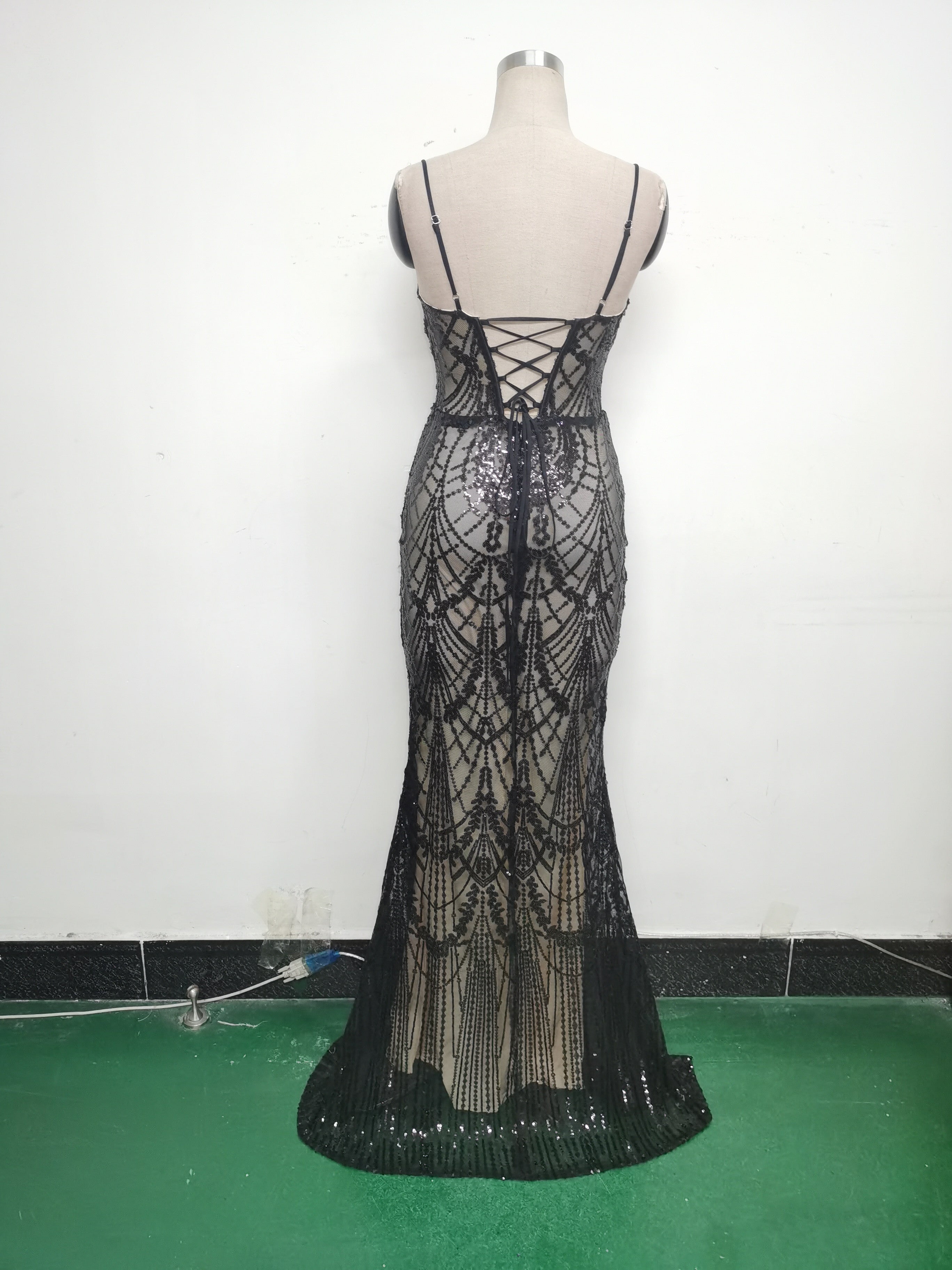 Women Beaded Tube Fishbone Lace-Up Sequin Formal Party Evening Dress 38