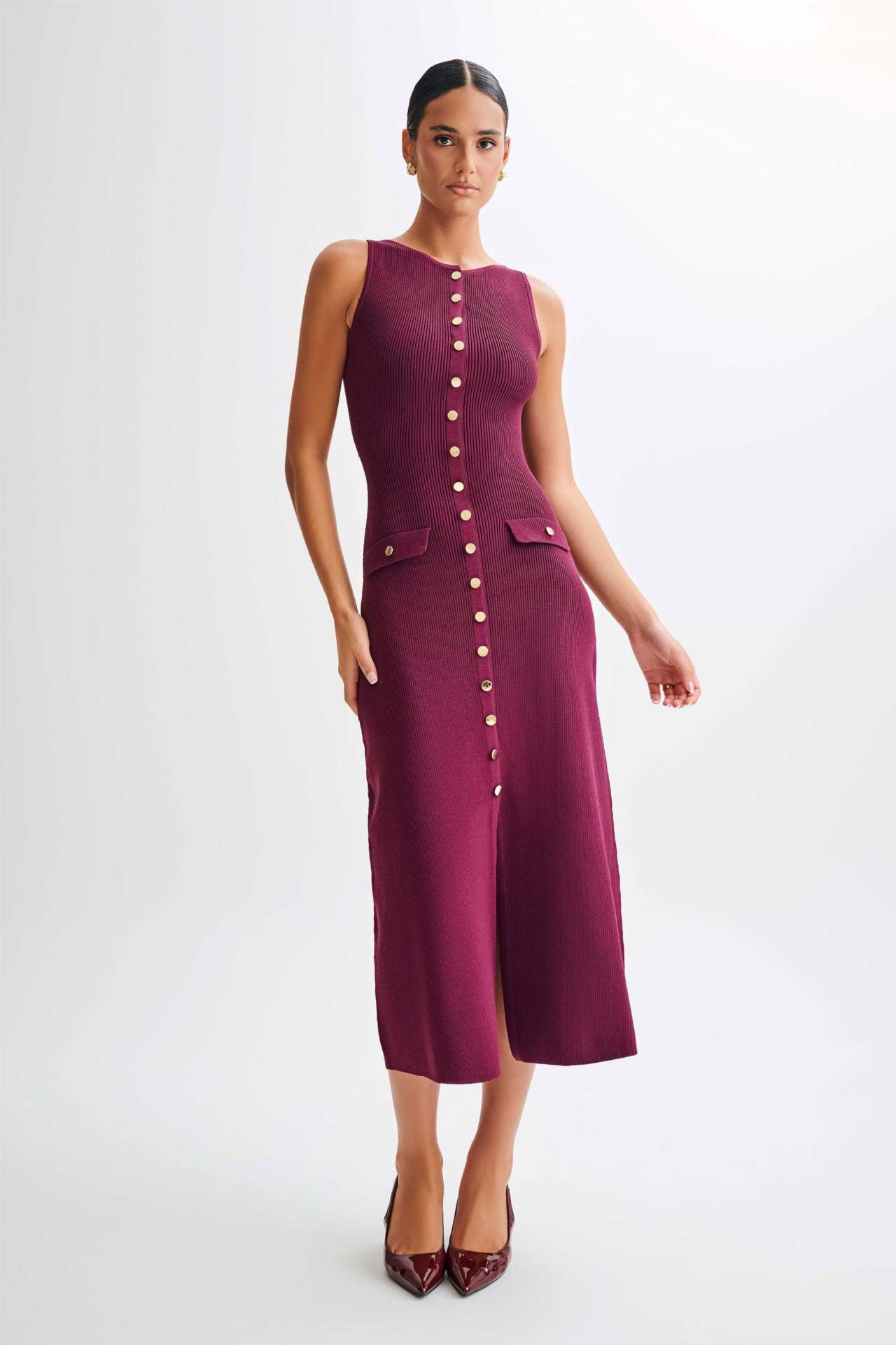 Women Knitting Elegant Sleeveless Button Dress 4