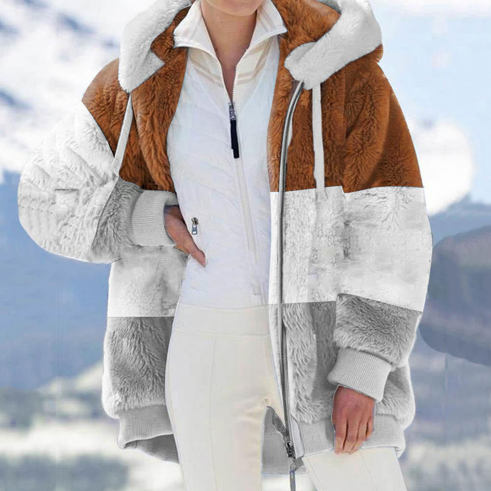 Autumn And Winter Warm Fleece Patchwork Zipper Pocket Hooded Loose Women Jacket Coat 7