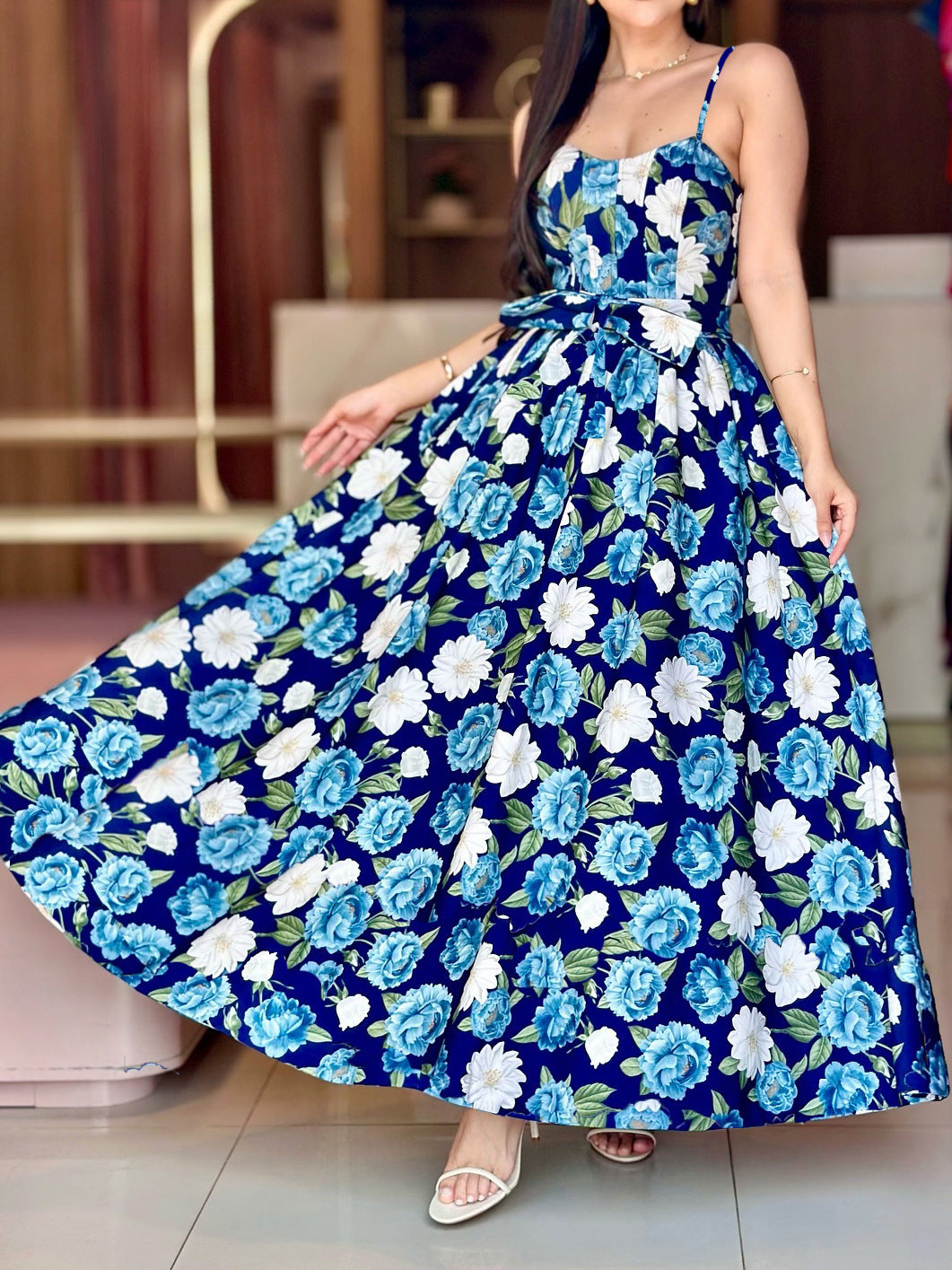 Women Holidays Elegant Floral Print Strap Dress