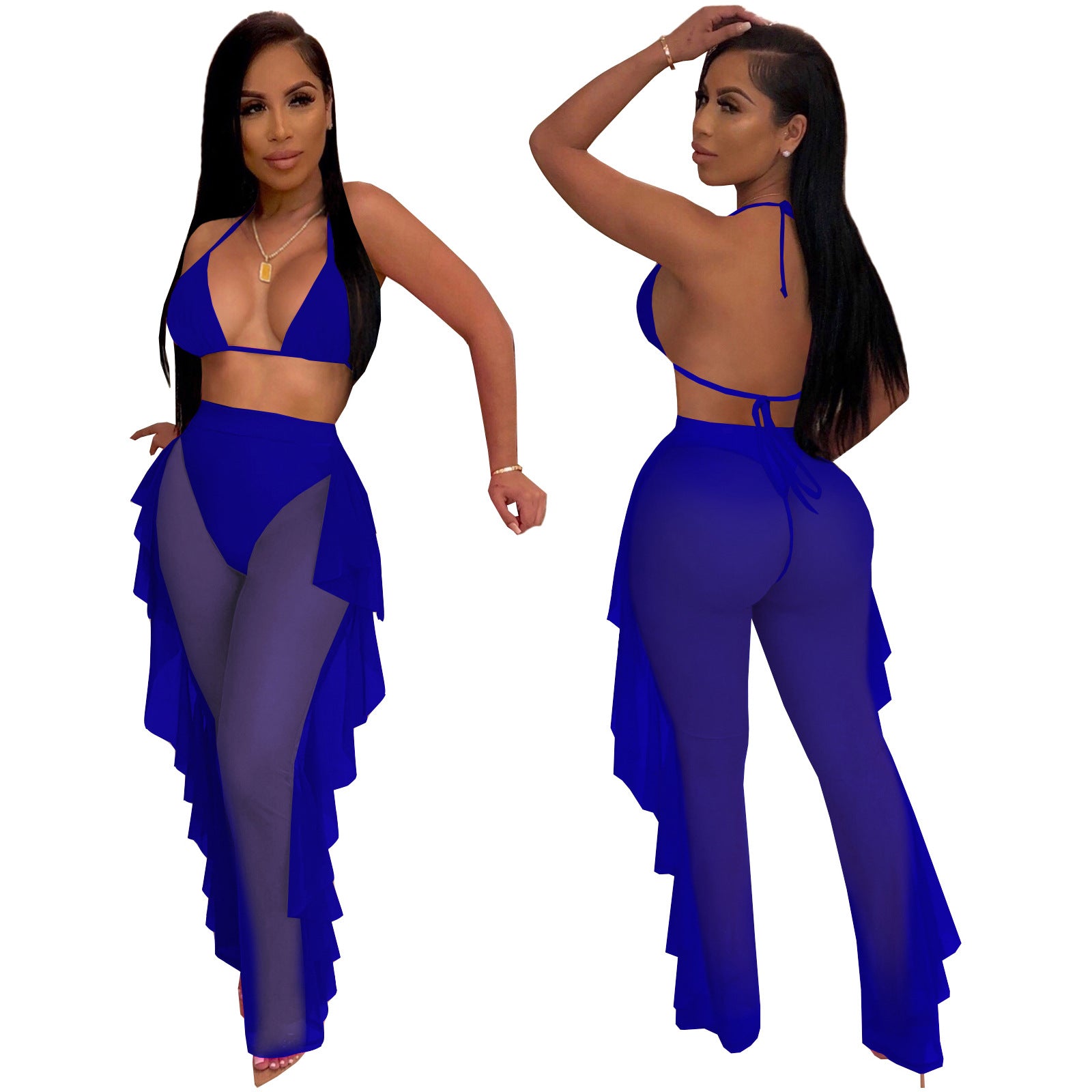 Women Solid See-Through Mesh Suspender Top and Pants Set with Underwear 8