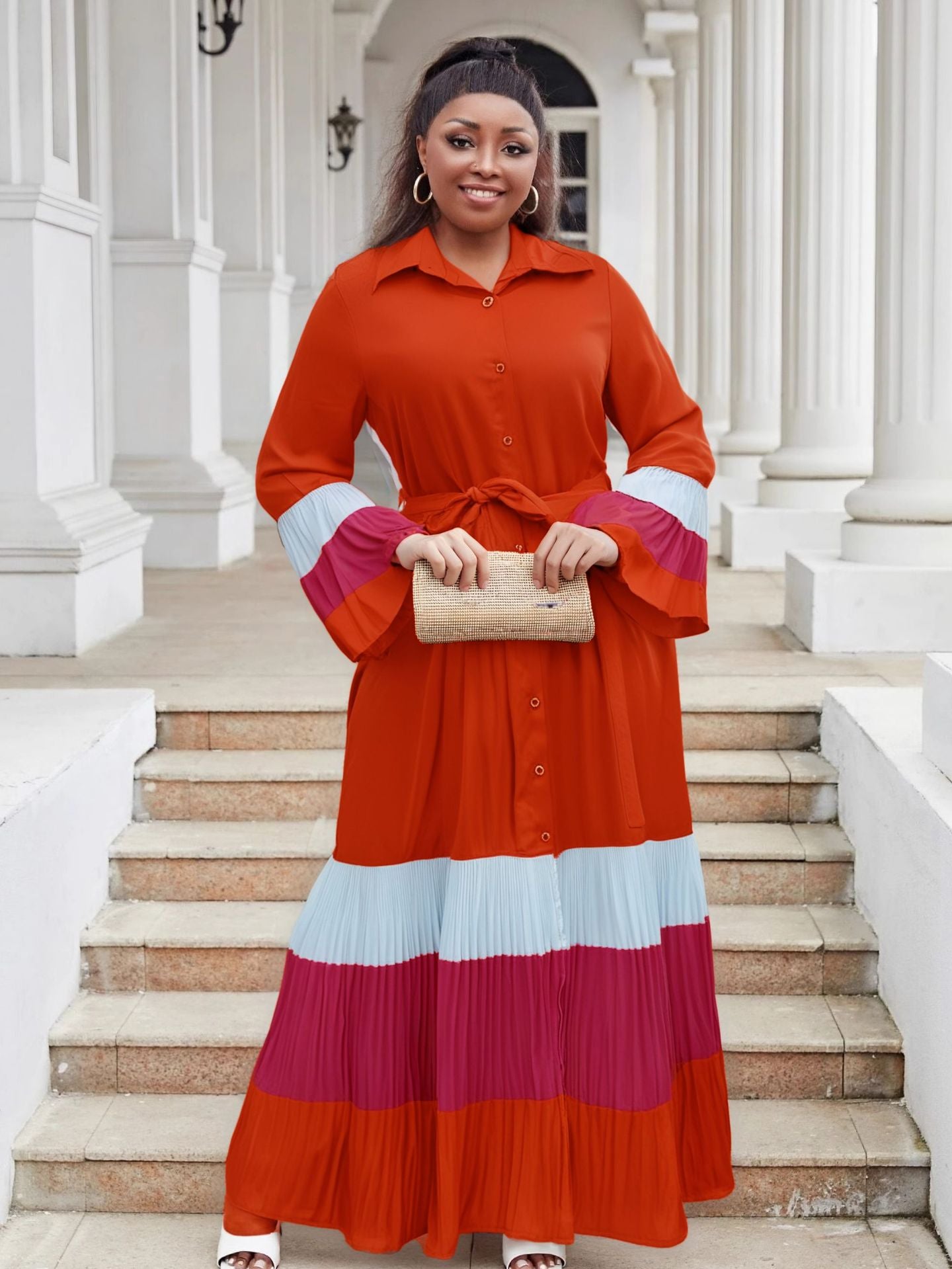 Plus Size Women color matching ruffled Bell Bottom sleeve Turndown Collar pleated chiffon dress