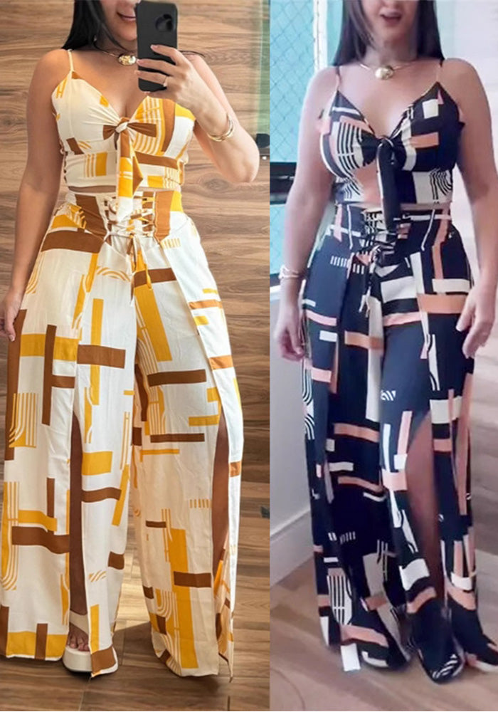 Women Printed Suspender Top and Wide Leg Pants Two-piece Set