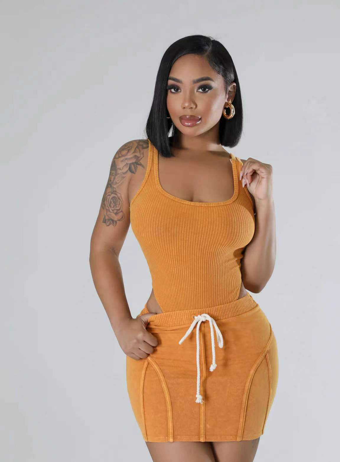 Women's Ribbed Washed Fashion Casual sleeveless bodysut and skirt set 3