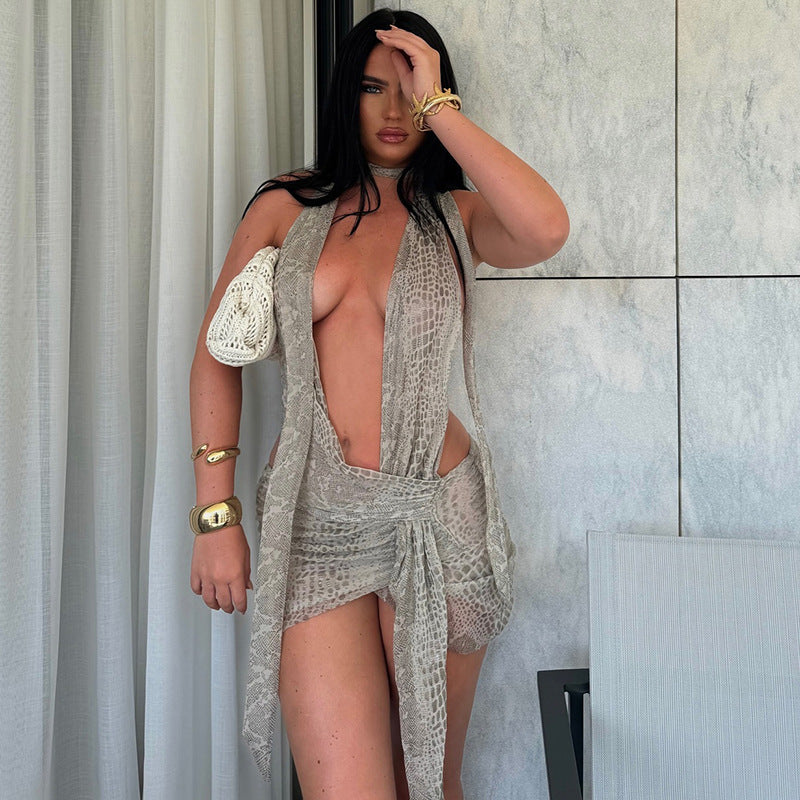 Women Summer Sexy Snake Print Halter Neck Lace-up Irregular Dress