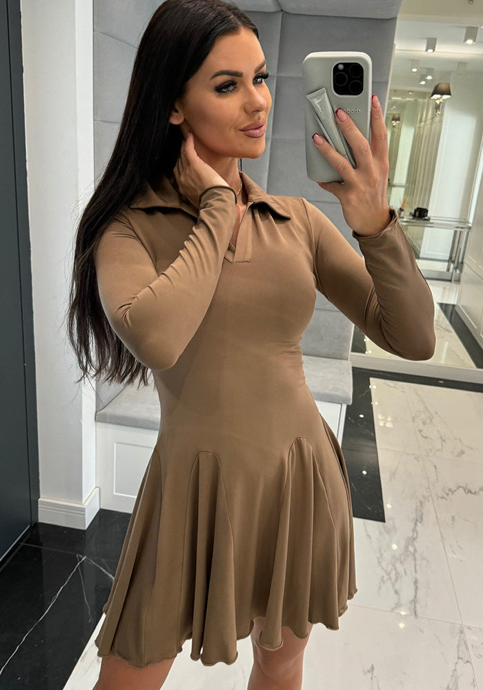 Women Fall Solid Long Sleeve Turndown Collar Ruffle Dress