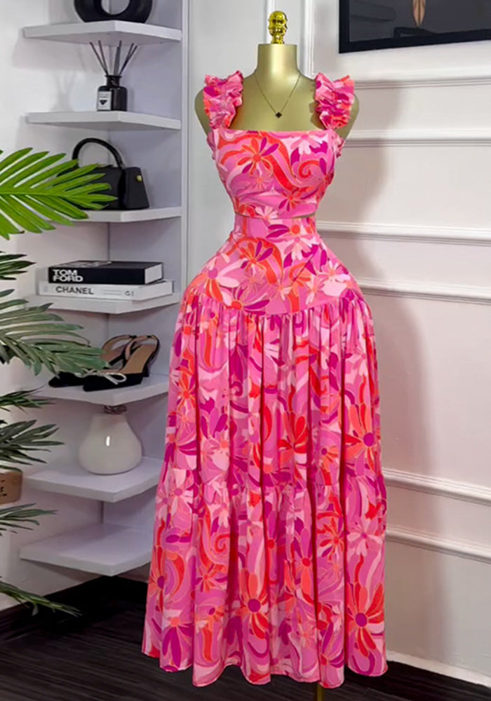 Women's Spring Printed Short Vest High Waist Swing Skirt Fashion Casual Two Piece Set