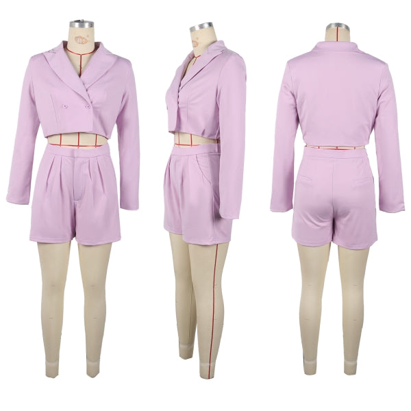 Women elegant Career Turndown Collar Long Sleeve Blazer and Shorts Two-piece Set 14