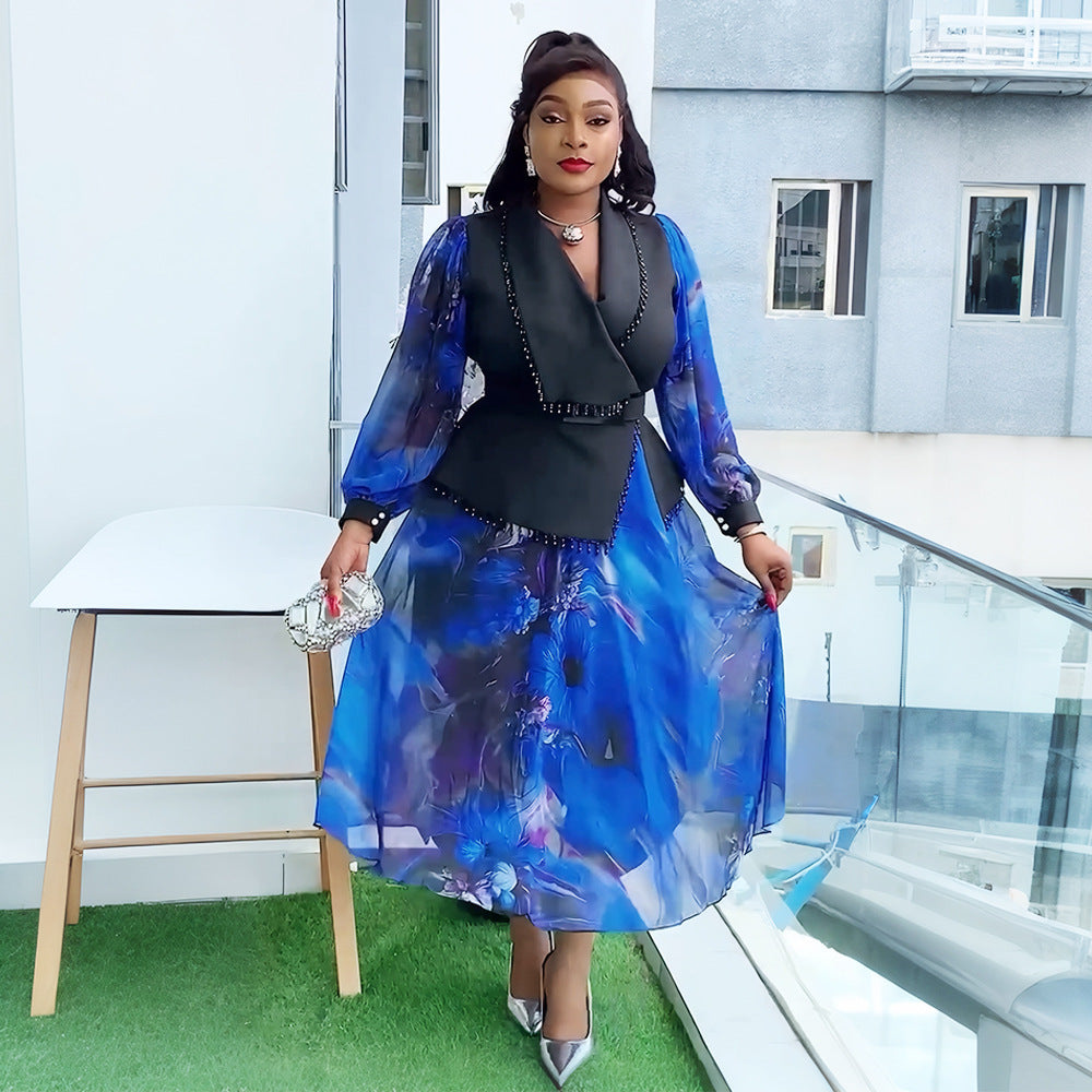 Plus Size Women's Elegant African Print Autumn/Winter Chic Color Block Midi Dress