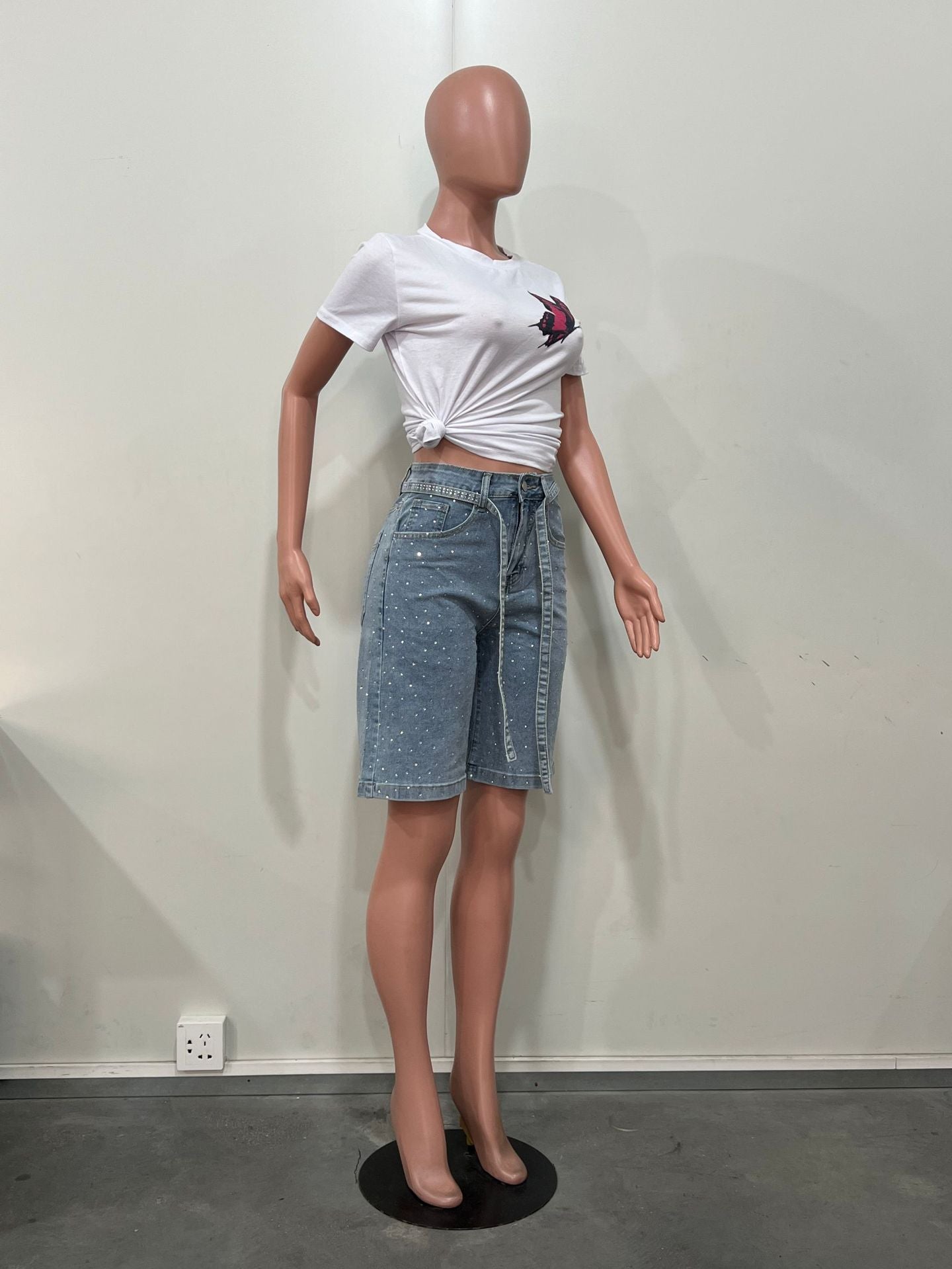 Spring Summer women's loose beaded midi denim pants with belt 7