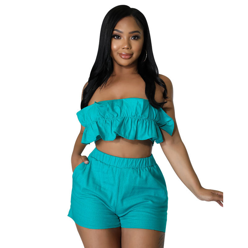 Women's Fashion Solid Strapless Two-Piece Shorts Set Casual Ladies Casual Summer Outfit 8