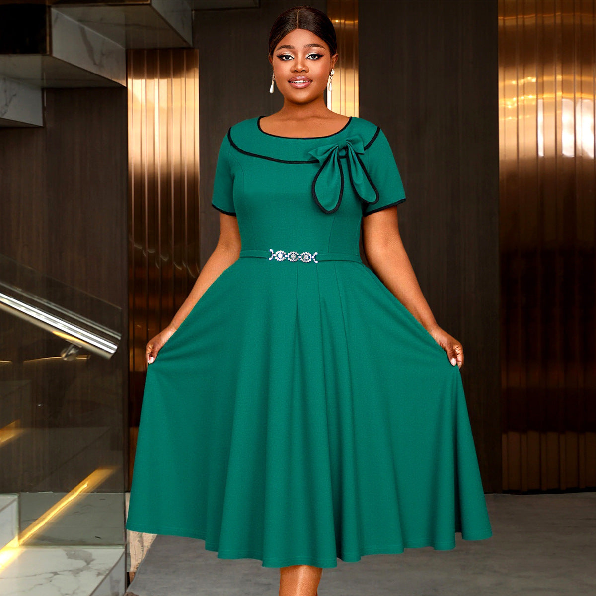 Plus-Size Women Turndown Collar Bow Contrast Short-Sleeved Belted Dress 6