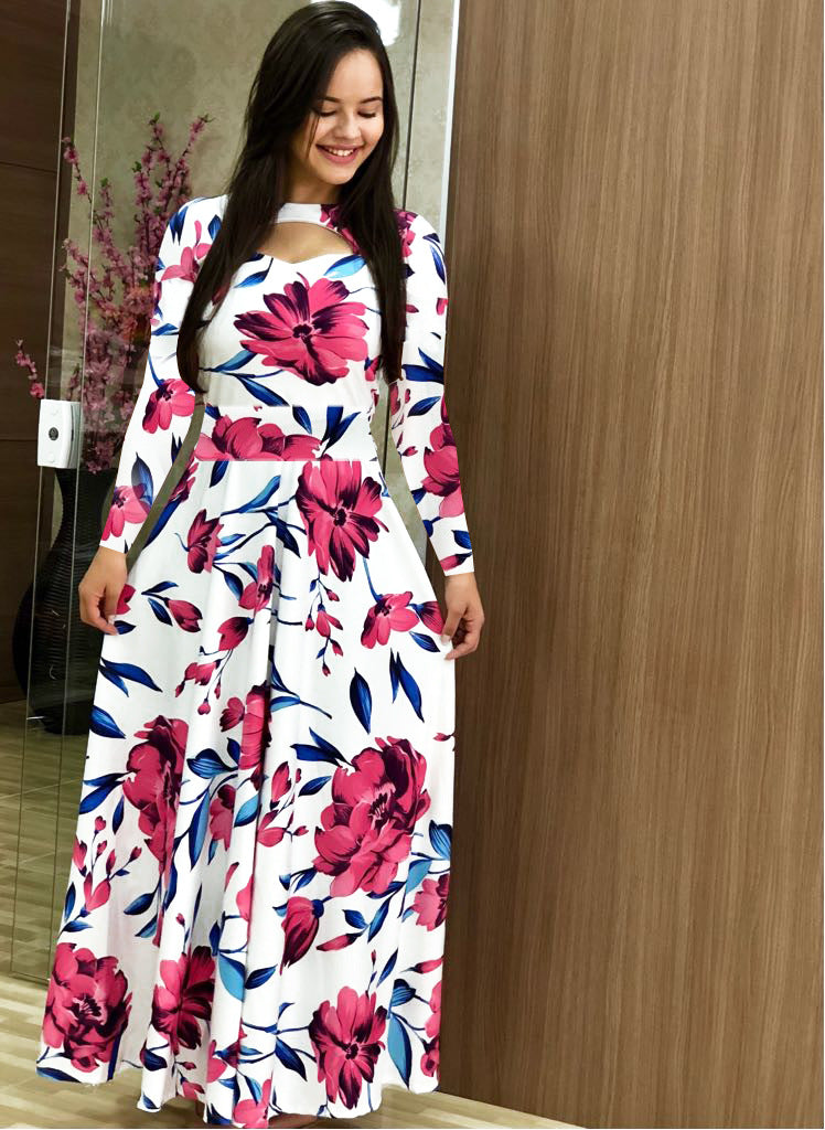 Women Sexy Fashion Floral Botanical Print Short Sleeve Maxi Dress 4