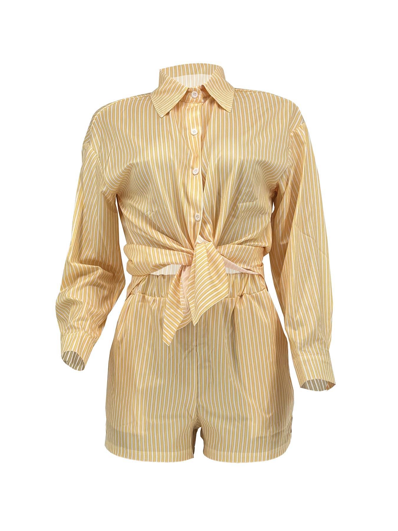 Women Spring Summer Holidays Long Sleeve Shirt Striped Shorts Two Piece Set 6