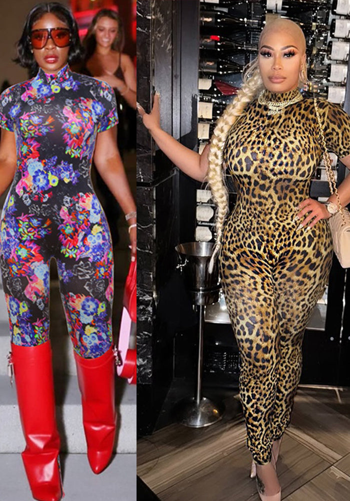 Women Spring Sexy Style Printed Short Sleeve Jumpsuit