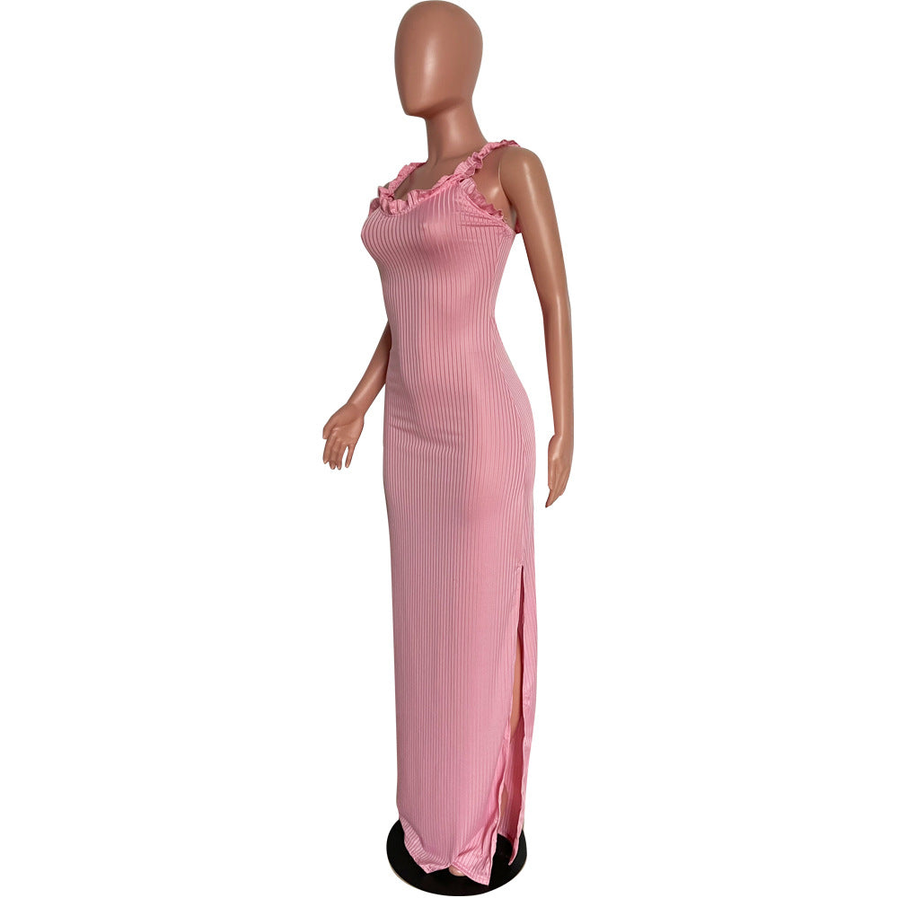 Summer Women's Solid Color Ribbed Ruffle Strap Side Slit Long Dress 12