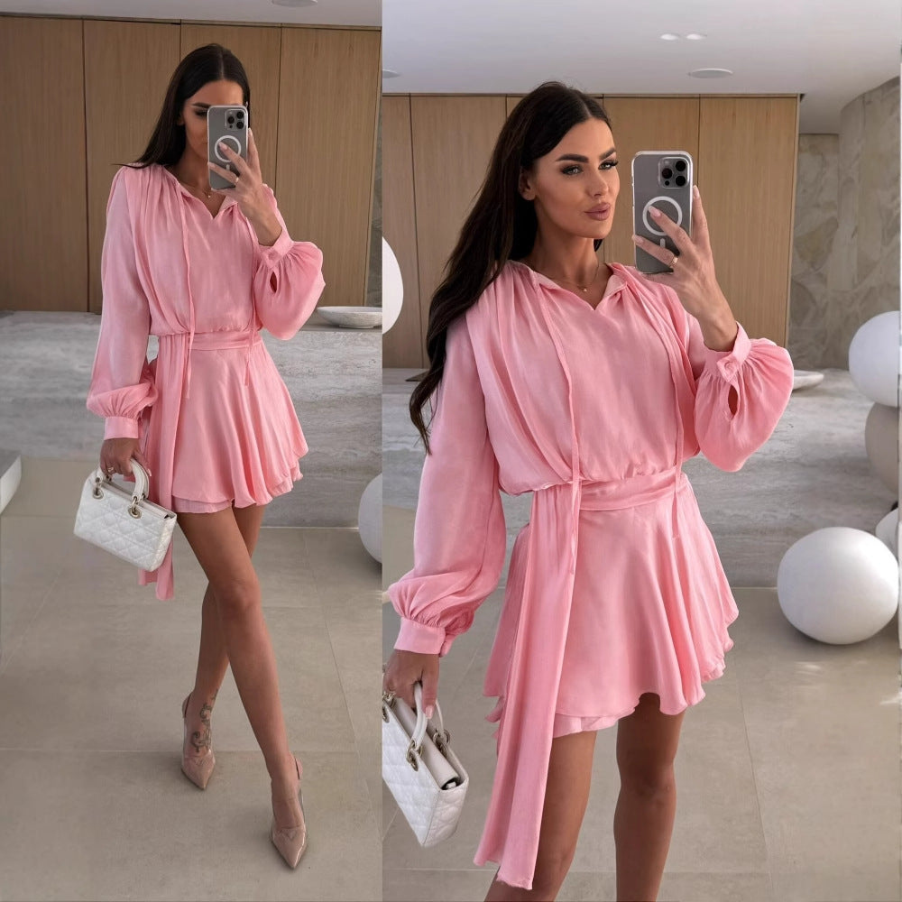 Women solid long sleeve v-neck lace casual dress 7