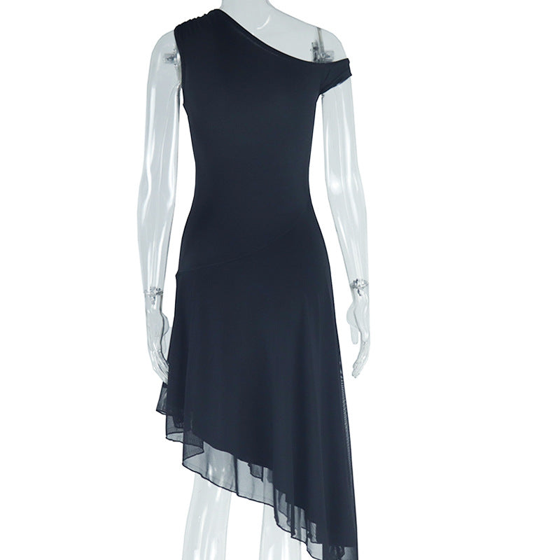 Women Solid Slash Shoulder One Shoulder Sleeveless Irregular Dress 9