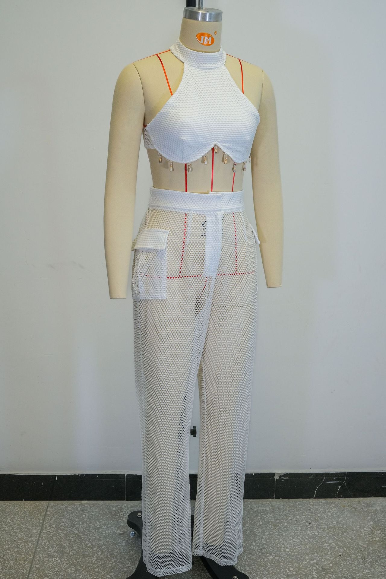 Women Summer Halter Neck Strapless Top Hollow Pocket Trousers Two-piece Set 8