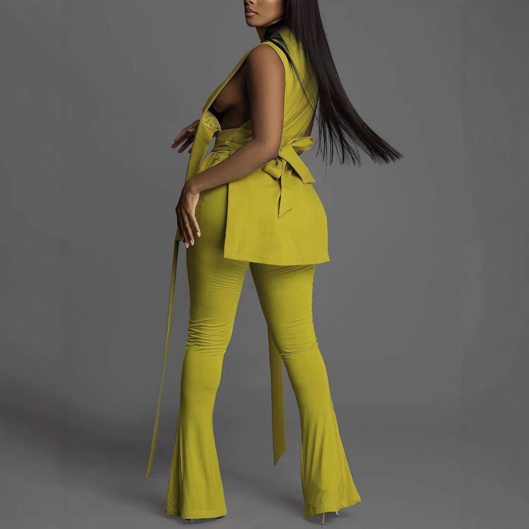 Women's Sexy Belt High Waist Bell Bottom Pants V-Neck Sleeveless Top Two Piece Set 5