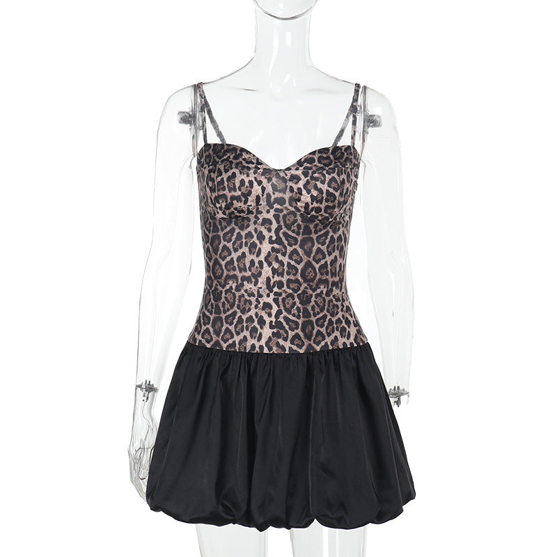 Women's Street Fashion Leopard-Print Patchwork Strap Slim-Waist Bubble Dress 6