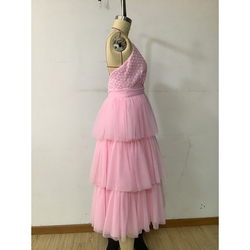 Women Summer Patchwork Mesh Puffy Cascading Ruffles Dress 7