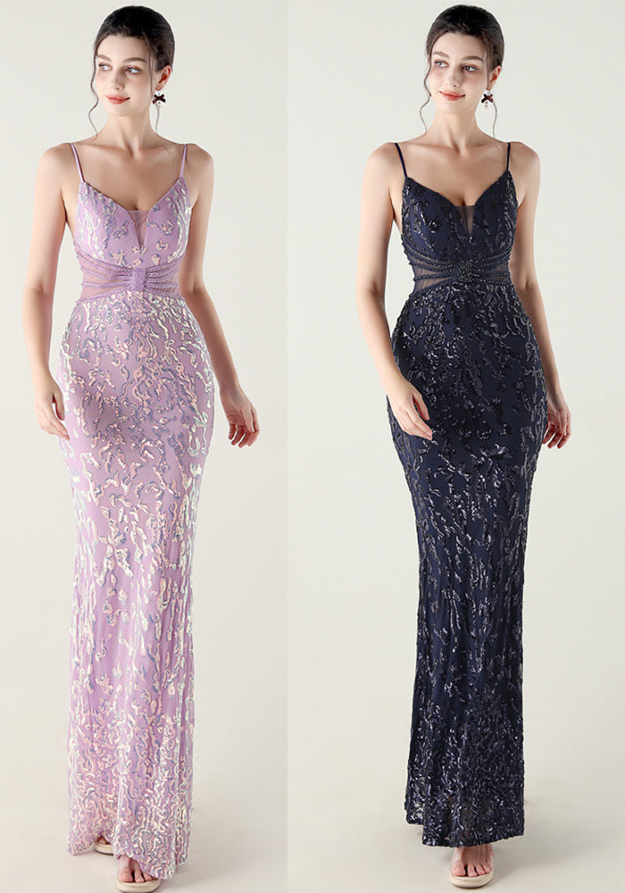 Women clothing V Neck sequins beaded hollow mesh off-shoulder Formal Party evening dress