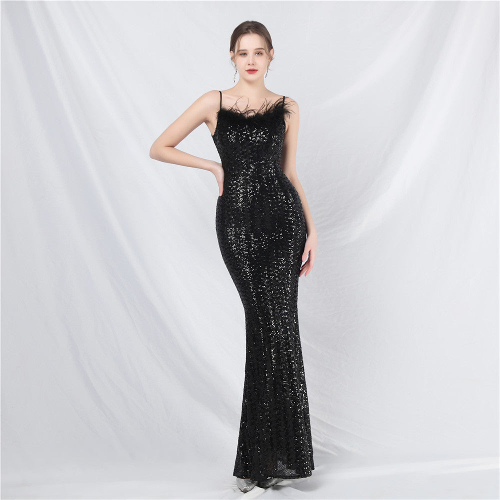 strap feather sequin evening dress luxury Formal Party gown 11
