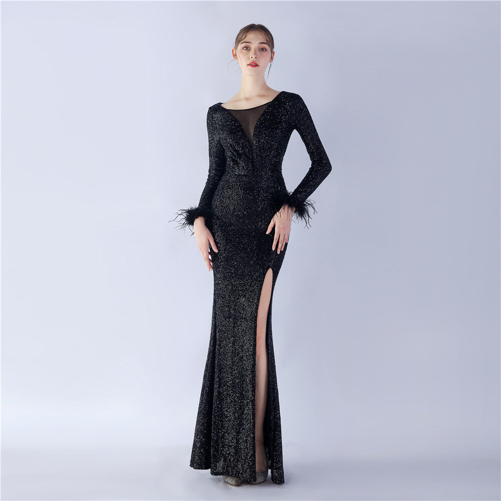 Women Elegant Ostrich Feather Long Sleeve Sequined Formal Party Evening Dress 10