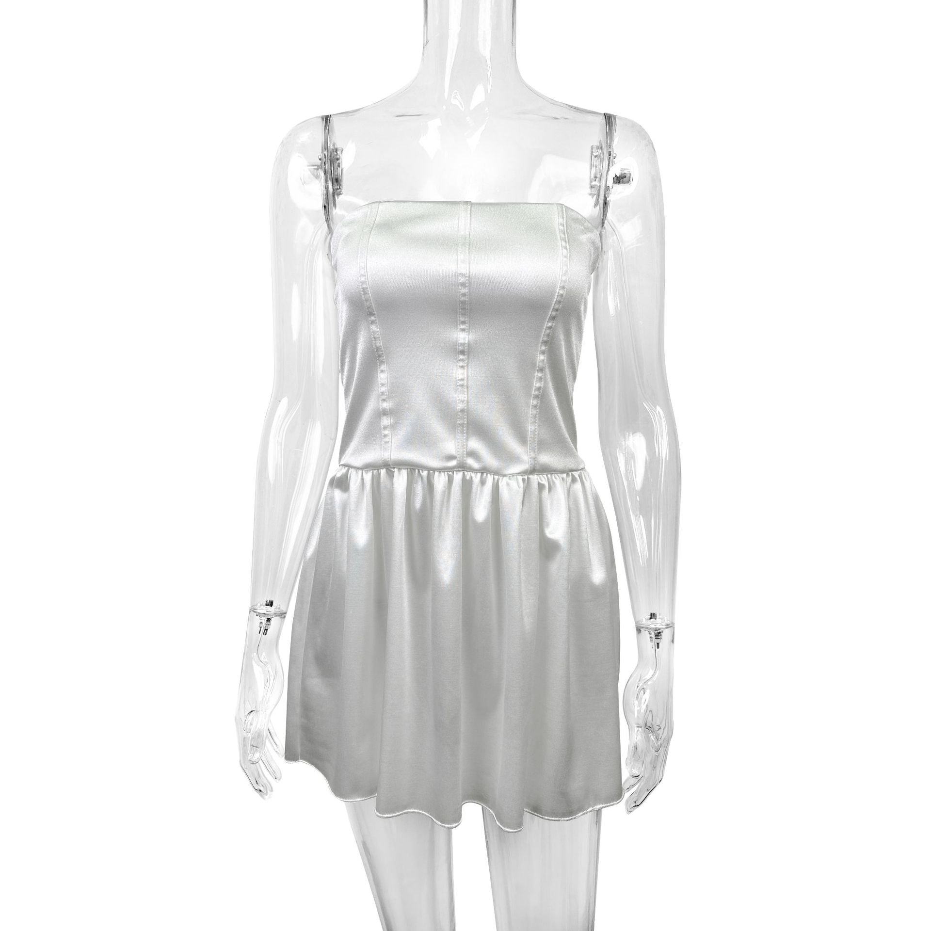 Spring Sweet Elegant Slim Waist Satin Strapless Bubble Short Dress 6