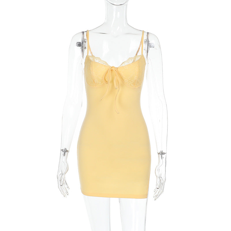 Women sexy suspender lace edge slit dress 9